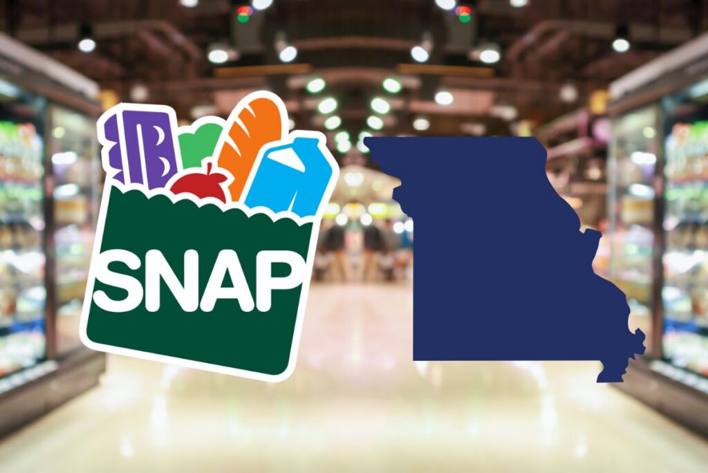 SNAP logo and outline of Missouri with grocery aisle background