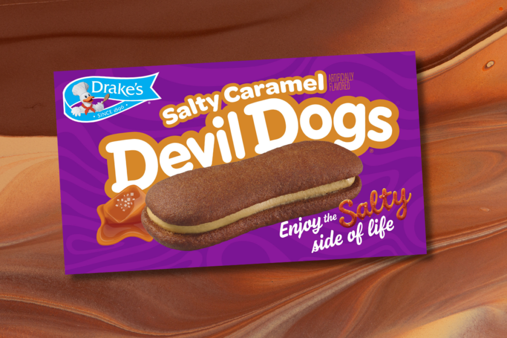 Box of Drake's Salty Caramel Devil Dogs over caramel background