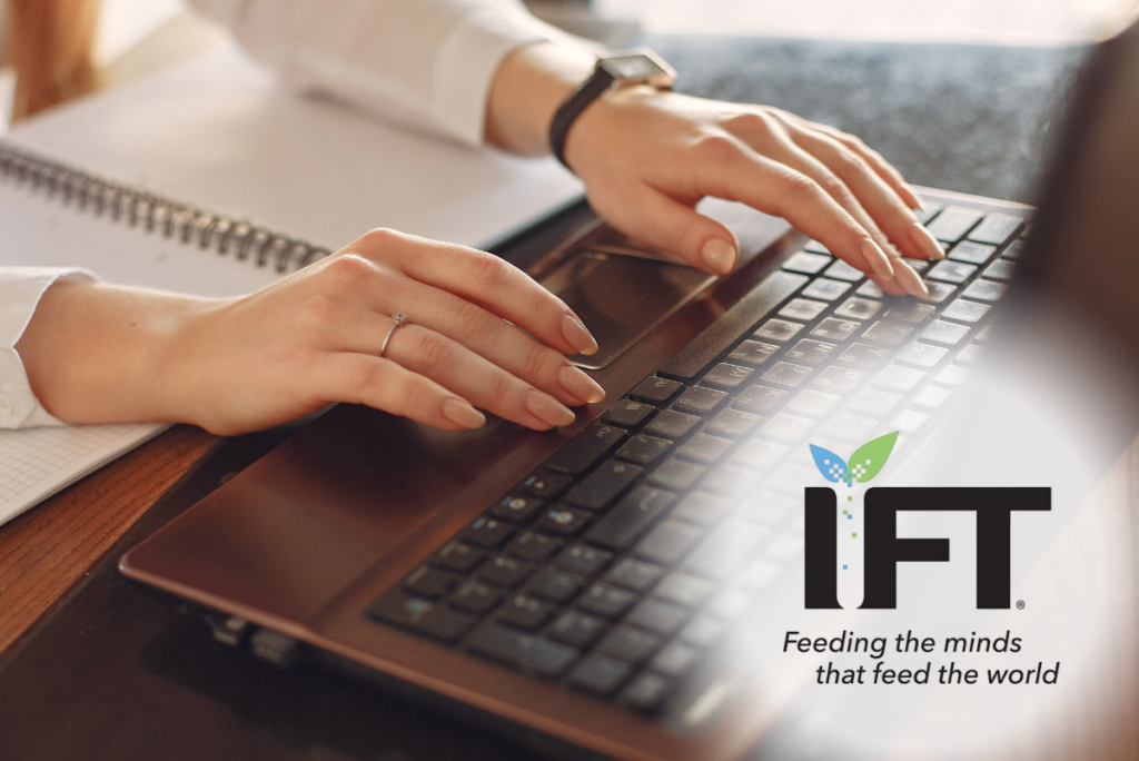 IFT logo in bottom right hand corner and close up of person using laptop