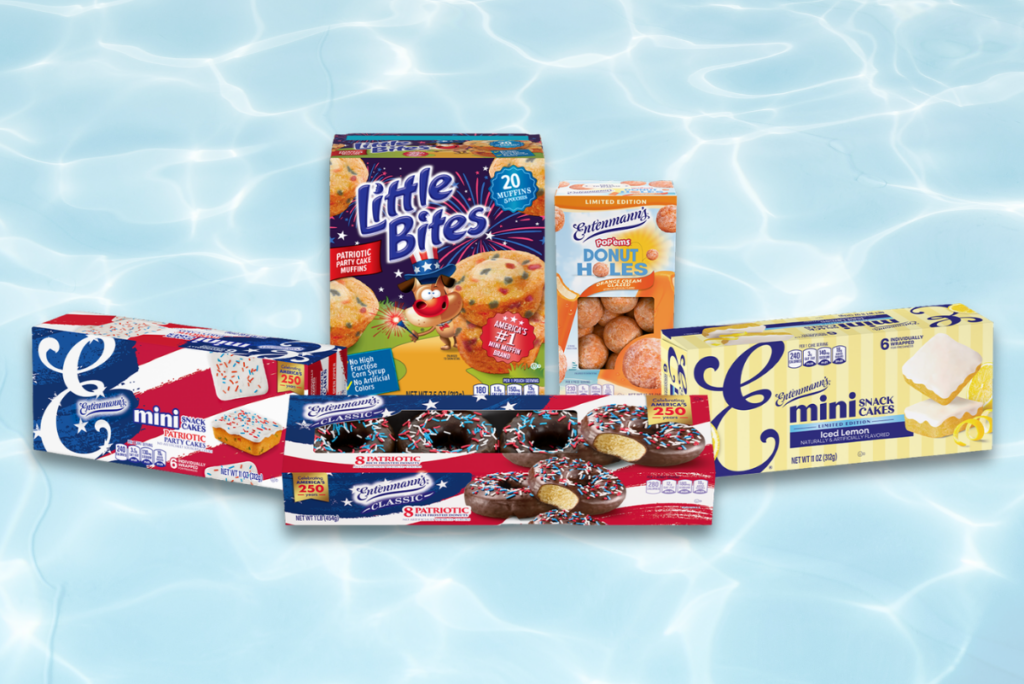 New summer limited-time products from Entenmann's and Little Debbie over light blue water background