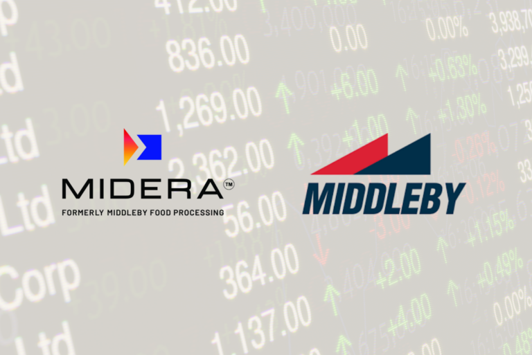 Midera and Middleby logos over image of stock market
