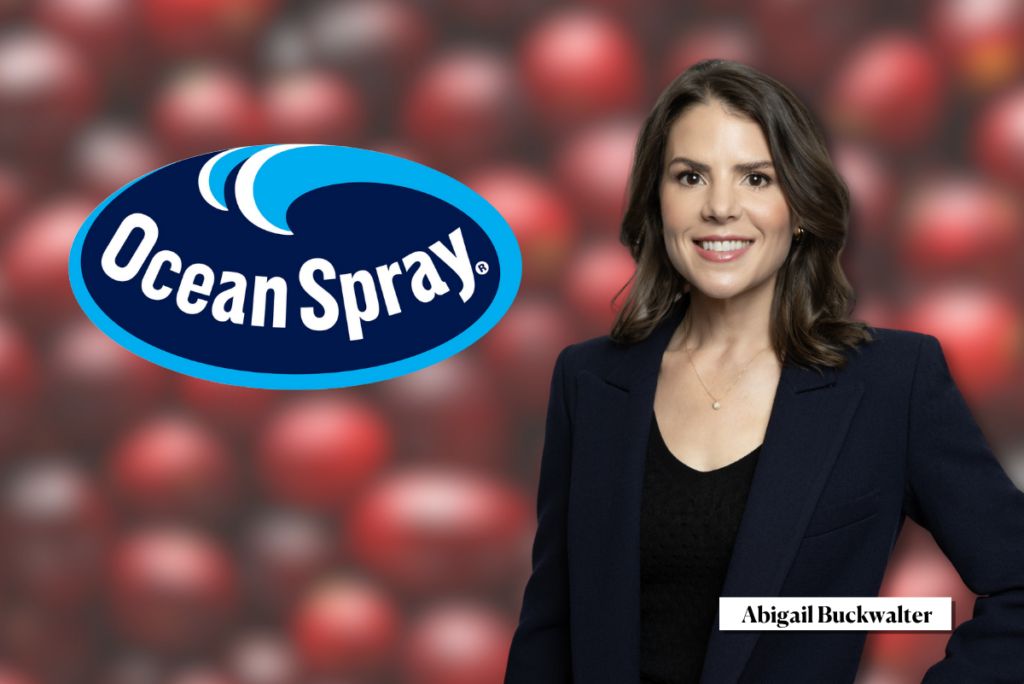 Ocean Spray logo and image of Abigail Buckwalter over cranberry background
