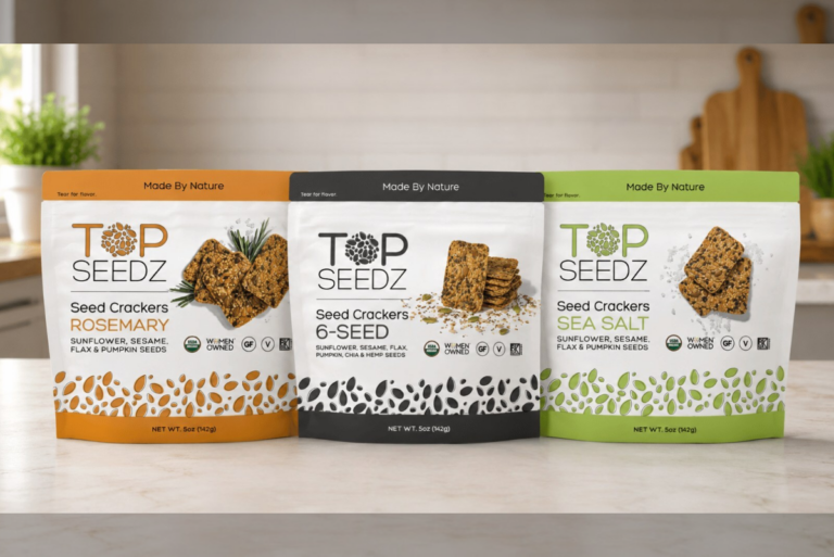 New packaging for Top Seedz crackers on counter