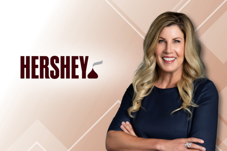 Hershey Co. logo and headshot of Heather Hoytink with light brown geometric background