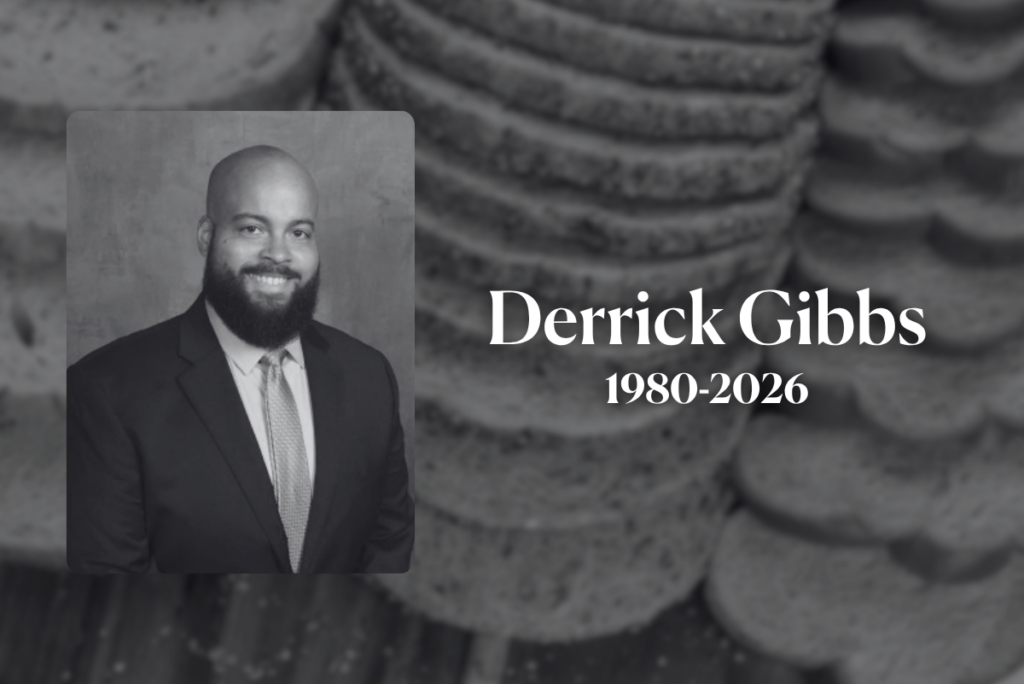 Black and white image of Derrick Gibbs over blurred sliced bread with 1980-2026 in text
