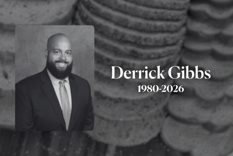 Black and white image of Derrick Gibbs over blurred sliced bread with 1980-2026 in text
