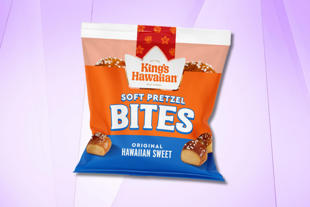 King's Hawaiian Original Hawaiian Sweet Soft Pretzel Bites in single-serve bag over light purple background