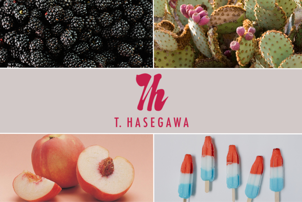T Hasegawa logo on grey rectangle with images of blackberries, prickly pear, white peach and firework flavor popsicles