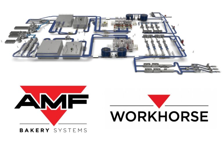 Photo of automated bakery line next to AMF Bakery Systems and AFM Workhorse logos