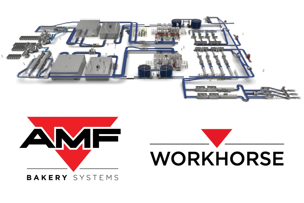 Photo of automated bakery line next to AMF Bakery Systems and AFM Workhorse logos