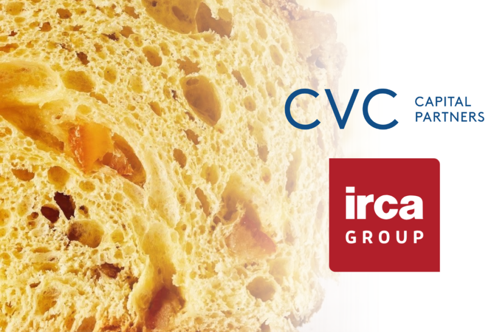 CVC Capital Partners logo and Irca Group logo over image of panettone