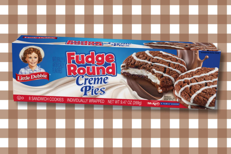 Box of Little Debbie Fudge Round Creme Pies over brown and white gingham background