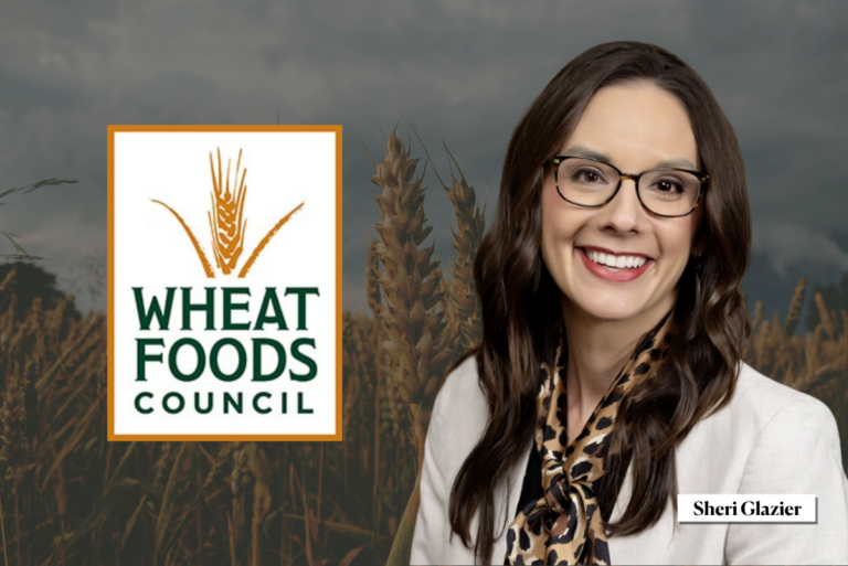 Wheat Foods Council logo and image of Sheri Blazier over dark background of wheat field