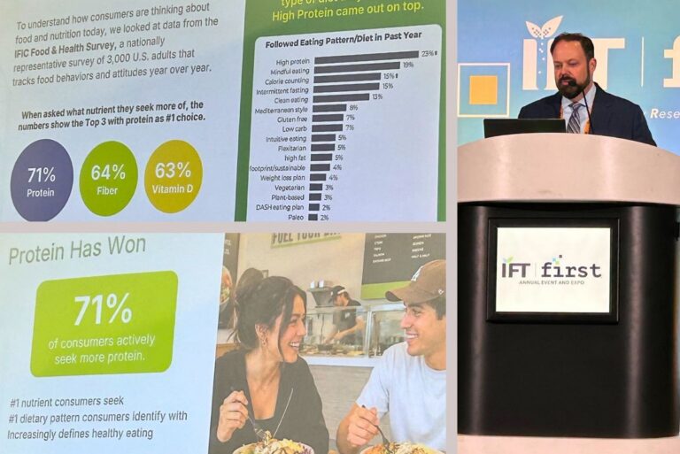 Collage of presentation from IFT FIRST 2026 on the protein predicament, including speaker Justin Shimek