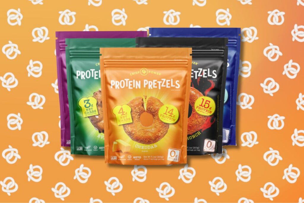 Crisp Power protein pretzels on pretzel background