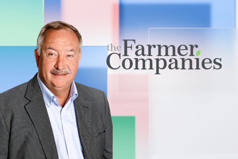 Randy Johnson headshot and The Farmer Companies logo over background