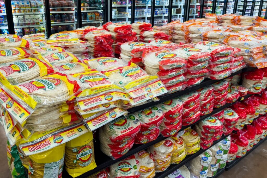 Tortilla aisle in grocery store