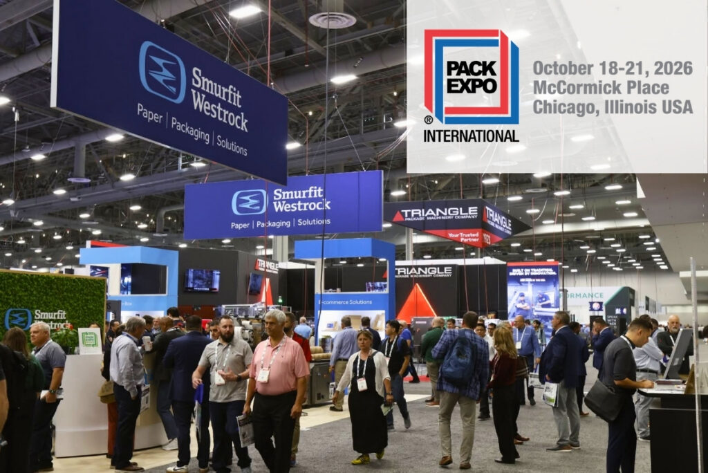 Pack Expo International 20206 logo over tradeshow floor background