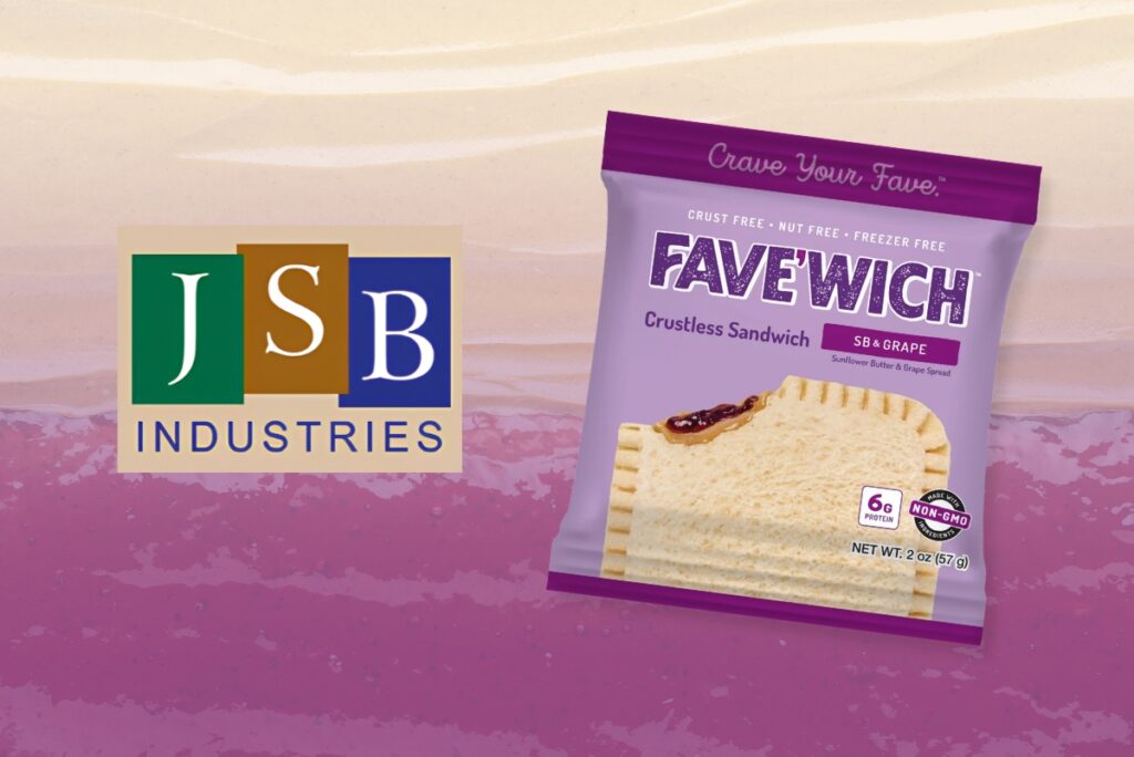 Fave'Wich sandwich and JSB logo over pb&j background