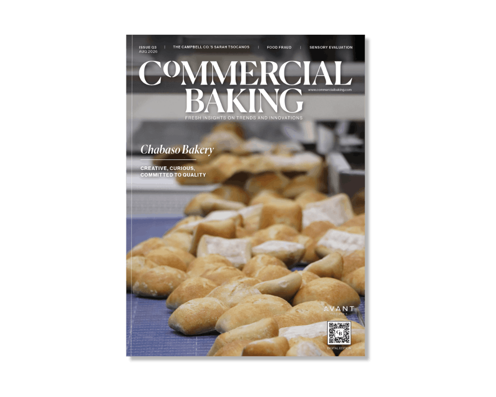 August Q3 2026 cover of Commercial Baking showing bread loaves on a conveyor belt